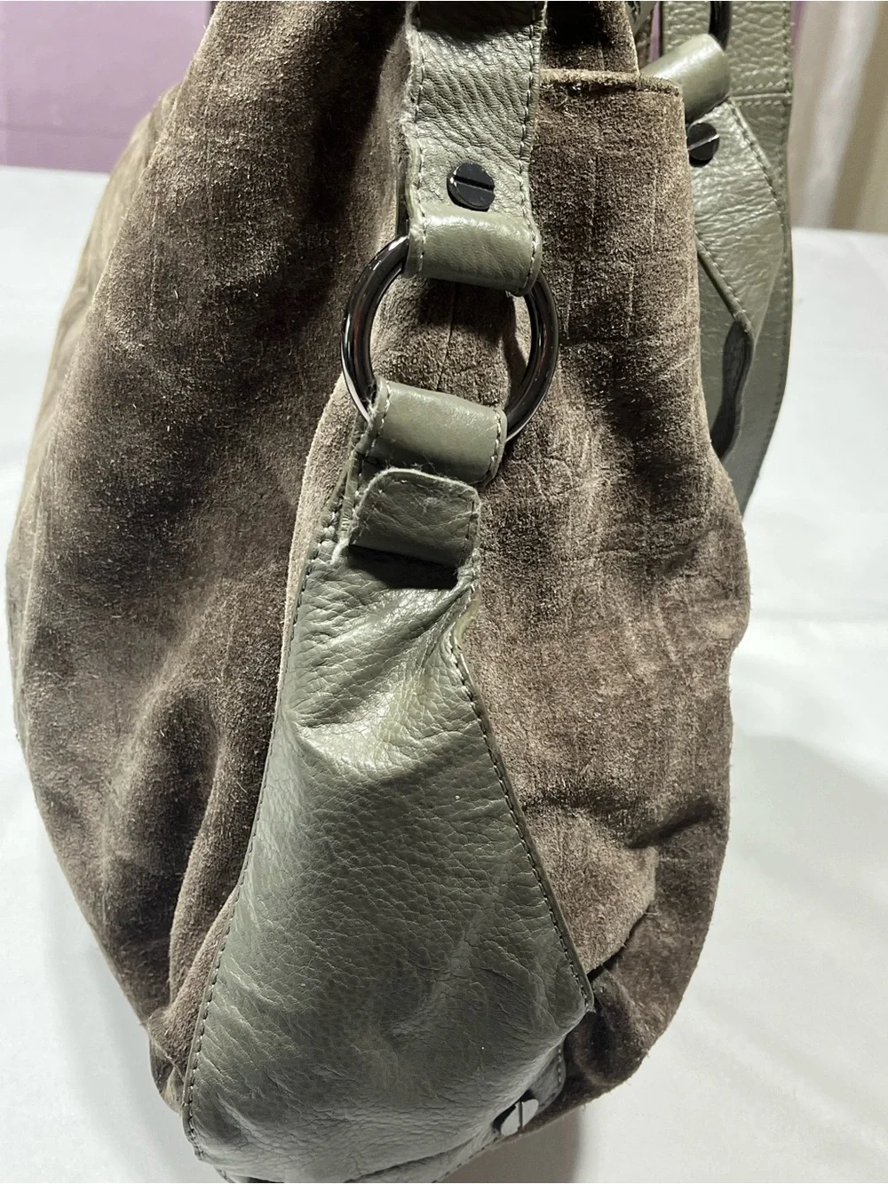 Kenneth Cole New York Suede Leather Hobo Shoulder Bag Gray Brown Large Tote